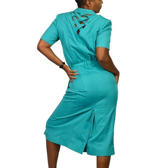 Vintage Together Shirtdress Green Dress Straight Belt Lattice Cutout LionHead 10 - Picture 2 of 14